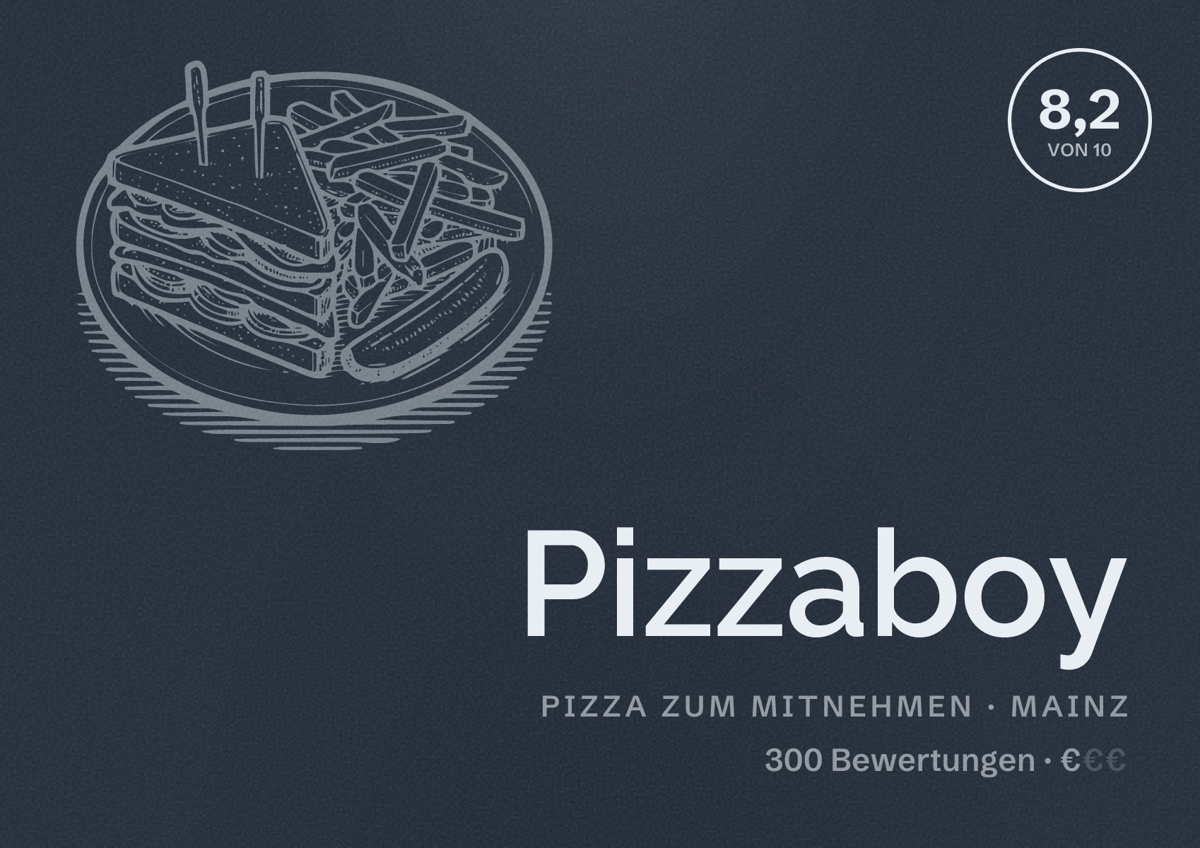 Illustriertes Poster von Pizzaboy, Pizza zum Mitnehmen in Mainz: Bewertung 8,2 von 10 aus 300 Bewertungen, Preisniveau €