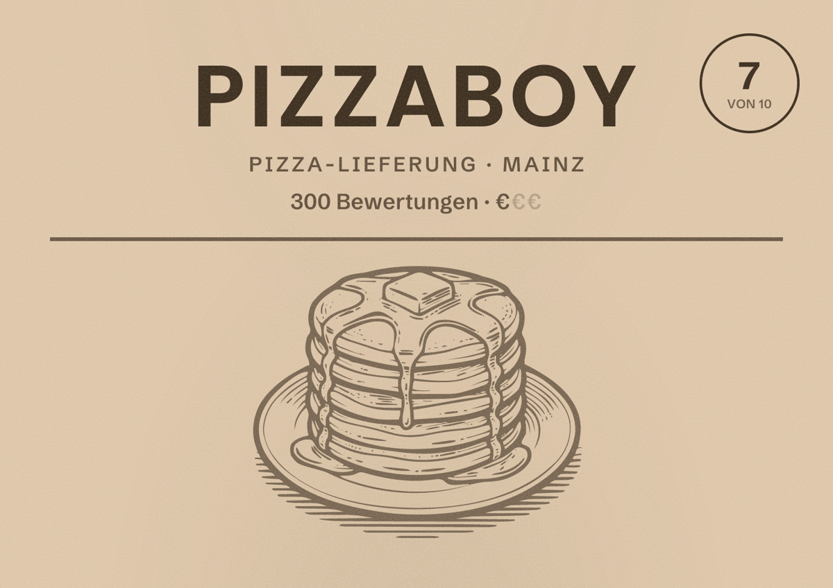 Illustriertes Poster von Pizzaboy, Pizza-Lieferung in Mainz: Bewertung 7 von 10 aus 300 Bewertungen, Preisniveau €