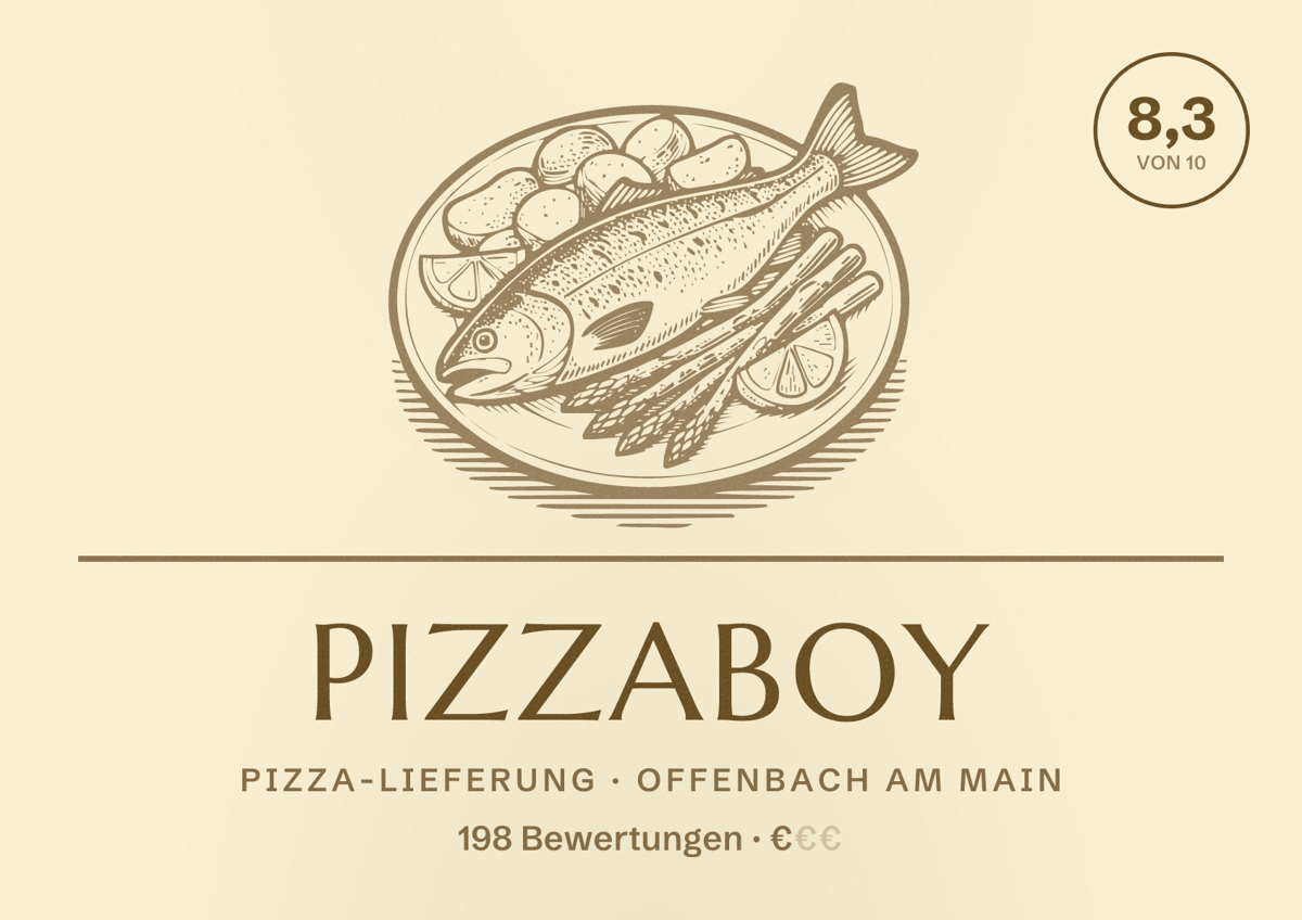 Illustriertes Poster von Pizzaboy, Pizza-Lieferung in Offenbach am Main: Bewertung 8,3 von 10 aus 198 Bewertungen, Preisniveau €