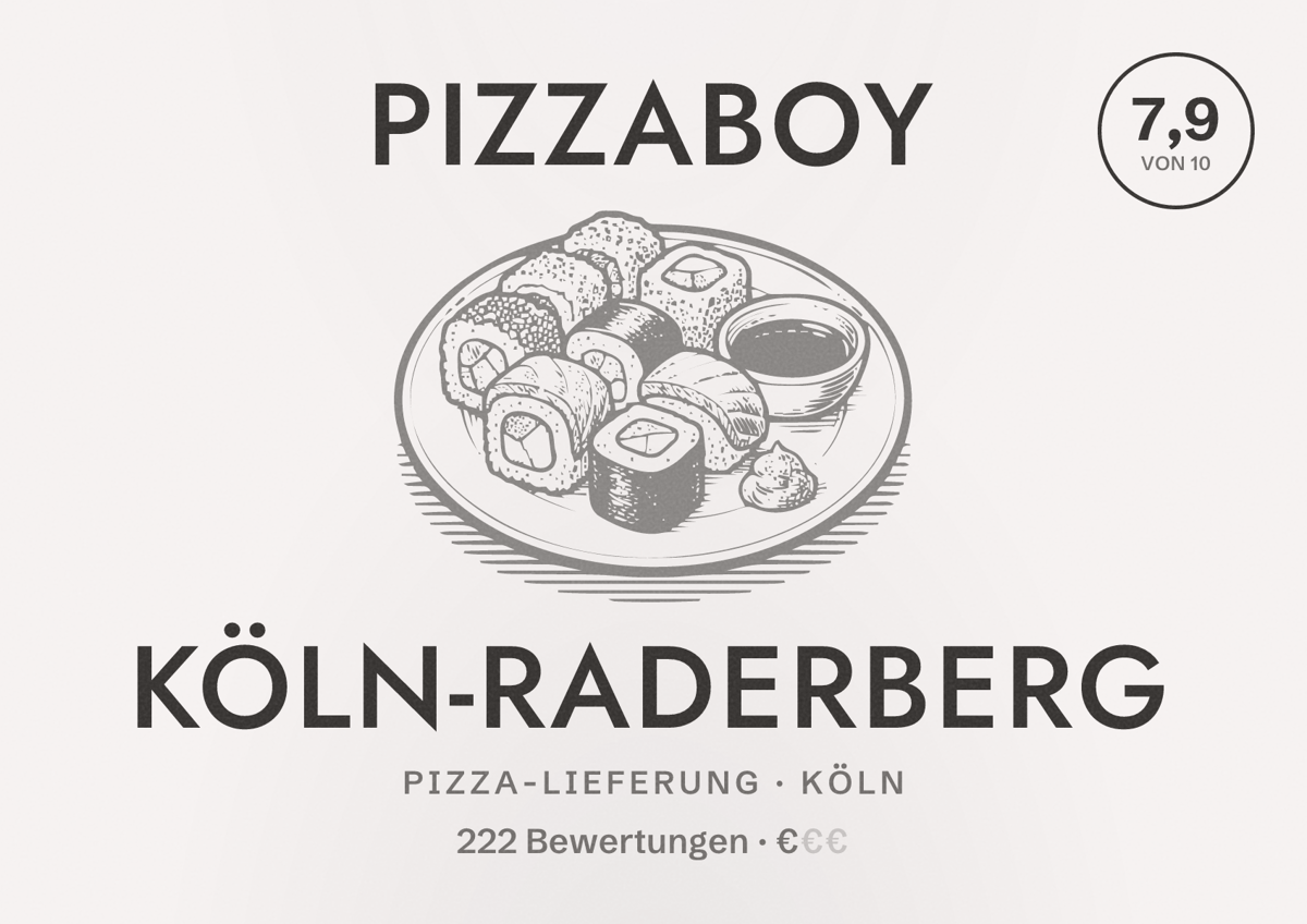 Illustriertes Poster von Pizzaboy Köln-Raderberg, Pizza-Lieferung in Köln: Bewertung 7,9 von 10 aus 222 Bewertungen, Preisniveau €