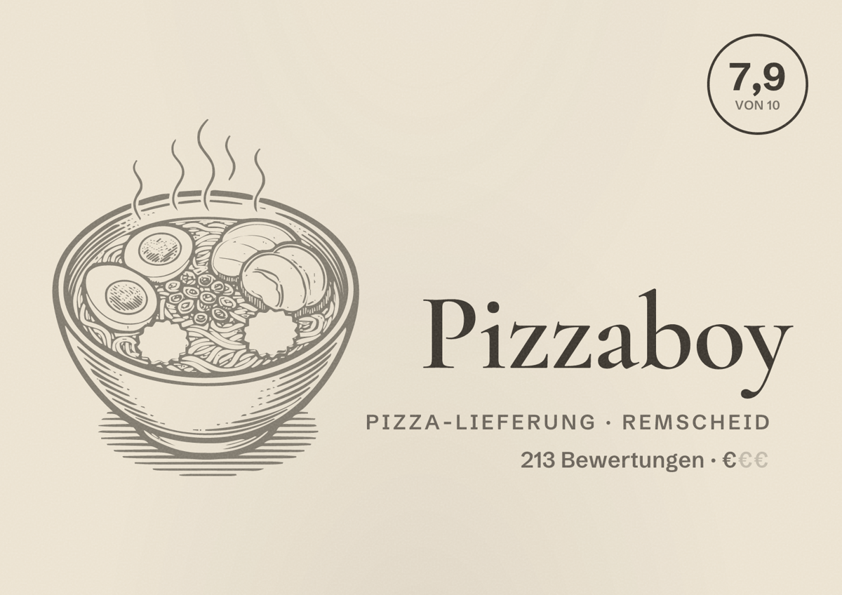 Illustriertes Poster von Pizzaboy, Pizza-Lieferung in Remscheid: Bewertung 7,9 von 10 aus 213 Bewertungen, Preisniveau €