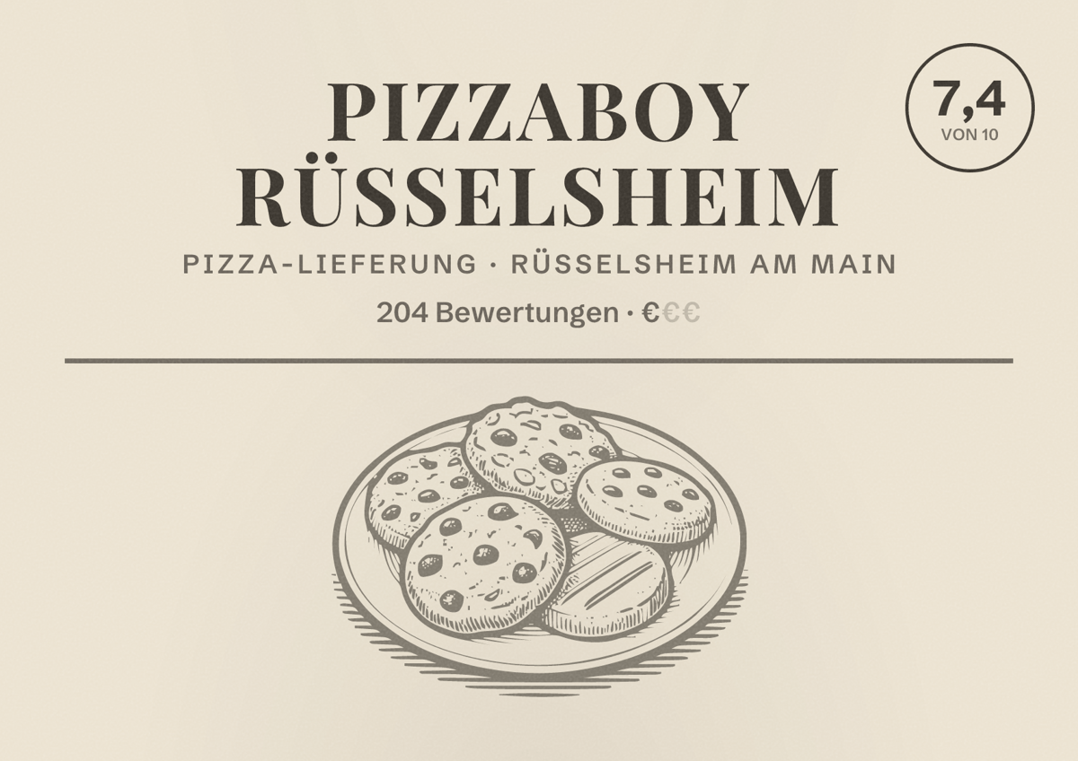 Illustriertes Poster von Pizzaboy Rüsselsheim, Pizza-Lieferung in Rüsselsheim am Main: Bewertung 7,4 von 10 aus 204 Bewertungen, Preisniveau €