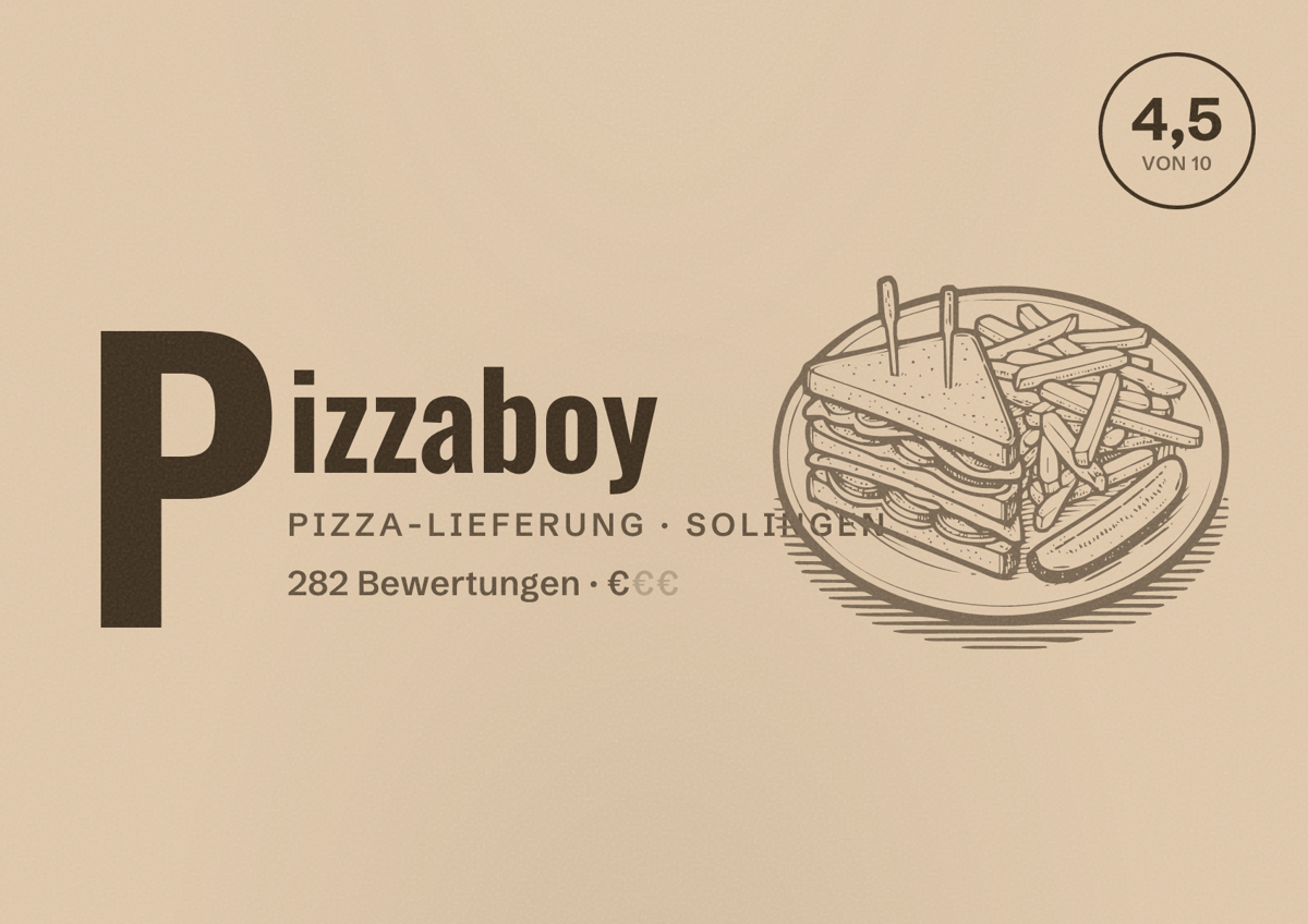 Illustriertes Poster von Pizzaboy, Pizza-Lieferung in Solingen: Bewertung 4,5 von 10 aus 282 Bewertungen, Preisniveau €