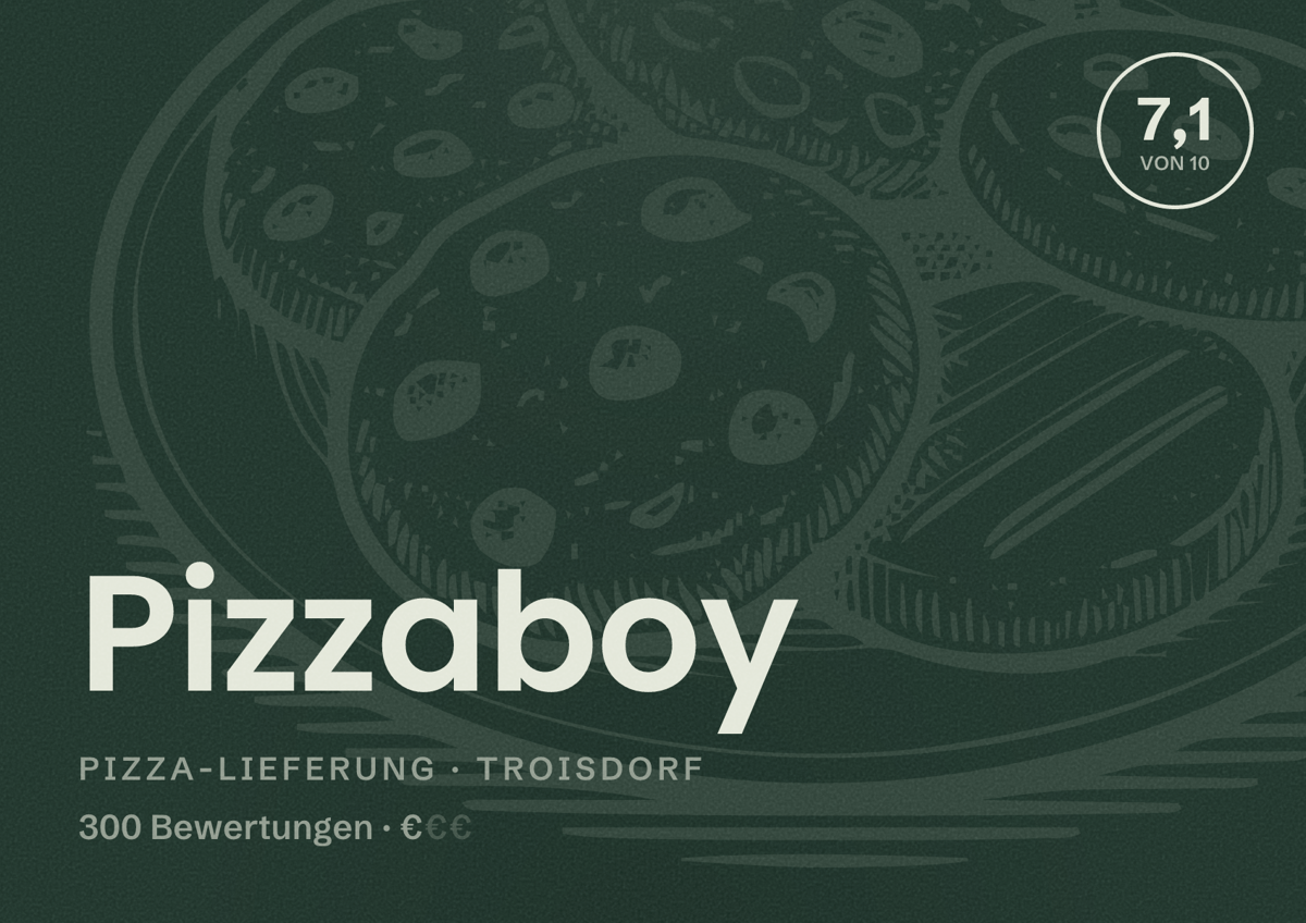 Illustriertes Poster von Pizzaboy, Pizza-Lieferung in Troisdorf: Bewertung 7,1 von 10 aus 300 Bewertungen, Preisniveau €