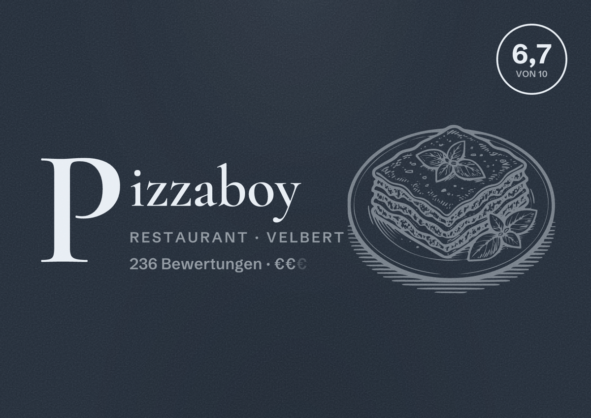 Illustriertes Poster von Pizzaboy, Restaurant in Velbert: Bewertung 6,7 von 10 aus 236 Bewertungen, Preisniveau €€