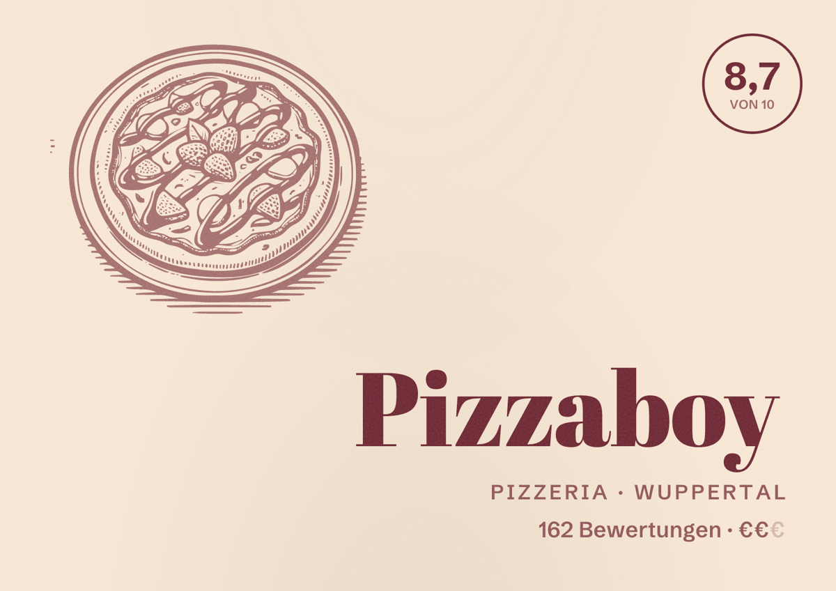 Illustriertes Poster von Pizzaboy, Pizzeria in Wuppertal: Bewertung 8,7 von 10 aus 162 Bewertungen, Preisniveau €€