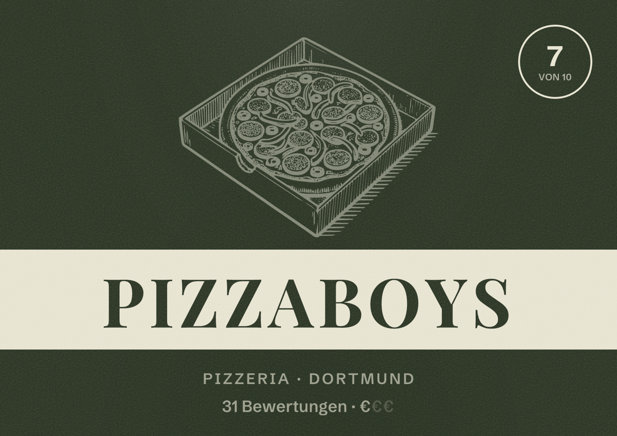 Illustriertes Poster von PizzaBoys, Pizzeria in Dortmund: Bewertung 7 von 10 aus 31 Bewertungen, Preisniveau €