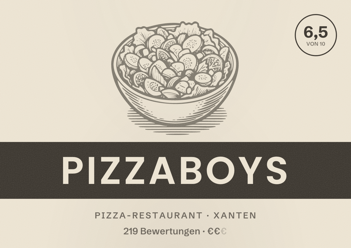 Illustriertes Poster von Pizzaboys, Pizza-Restaurant in Xanten: Bewertung 6,5 von 10 aus 219 Bewertungen, Preisniveau €€