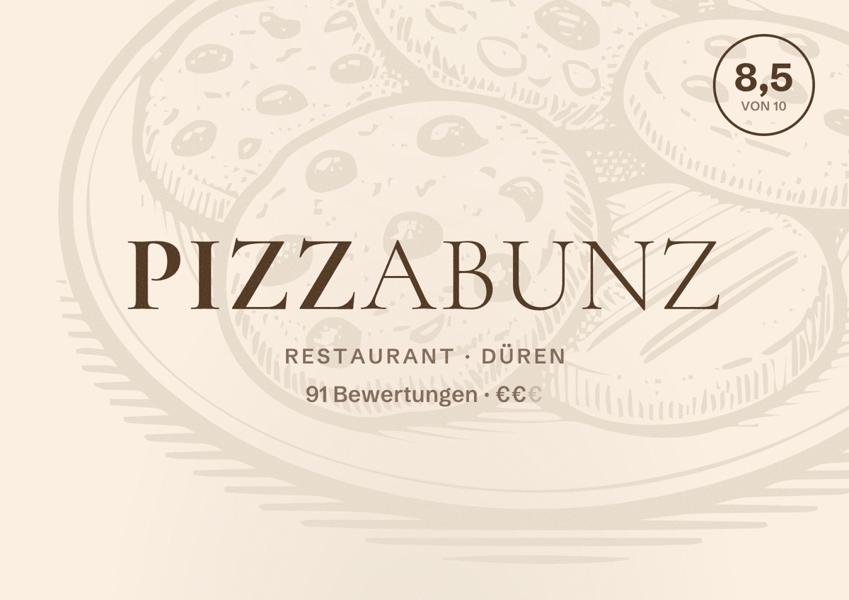 Illustriertes Poster von PizzaBunz, Restaurant in Düren: Bewertung 8,5 von 10 aus 91 Bewertungen, Preisniveau €€