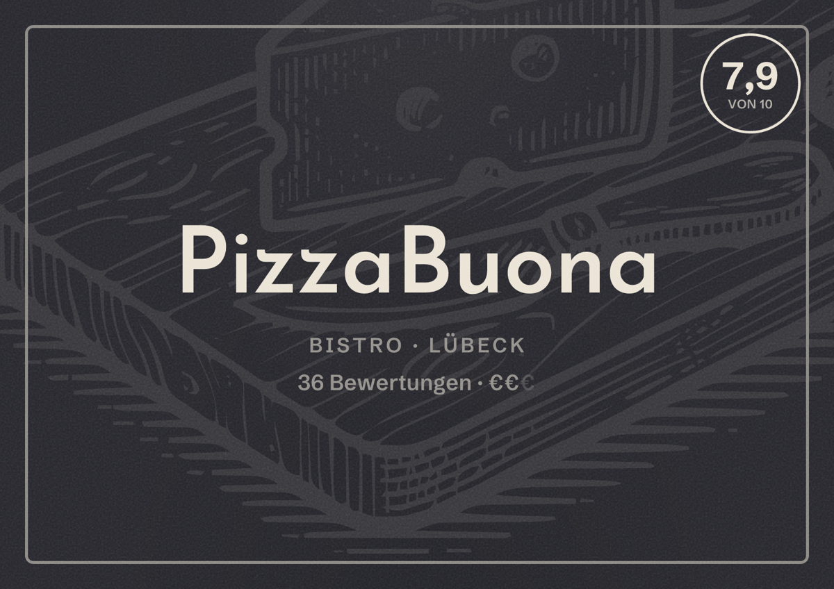 Illustriertes Poster von PizzaBuona, Bistro in Lübeck: Bewertung 7,9 von 10 aus 36 Bewertungen, Preisniveau €€