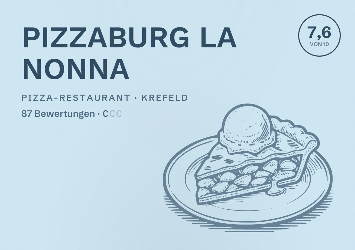 Illustriertes Poster von PIZZABURG LA NONNA, Pizza-Restaurant in Krefeld: Bewertung 7,6 von 10 aus 87 Bewertungen, Preisniveau €
