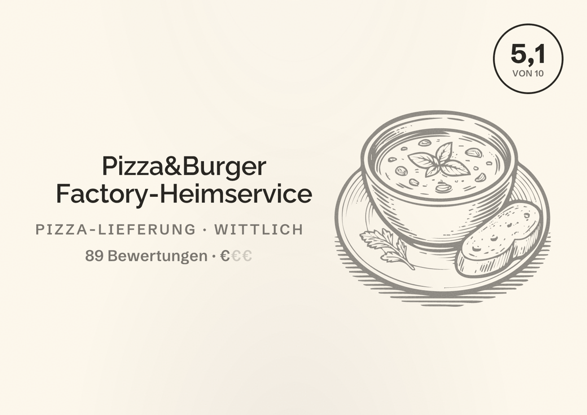 Illustriertes Poster von Pizza&Burger Factory-Heimservice, Pizza-Lieferung in Wittlich: Bewertung 5,1 von 10 aus 89 Bewertungen, Preisniveau €