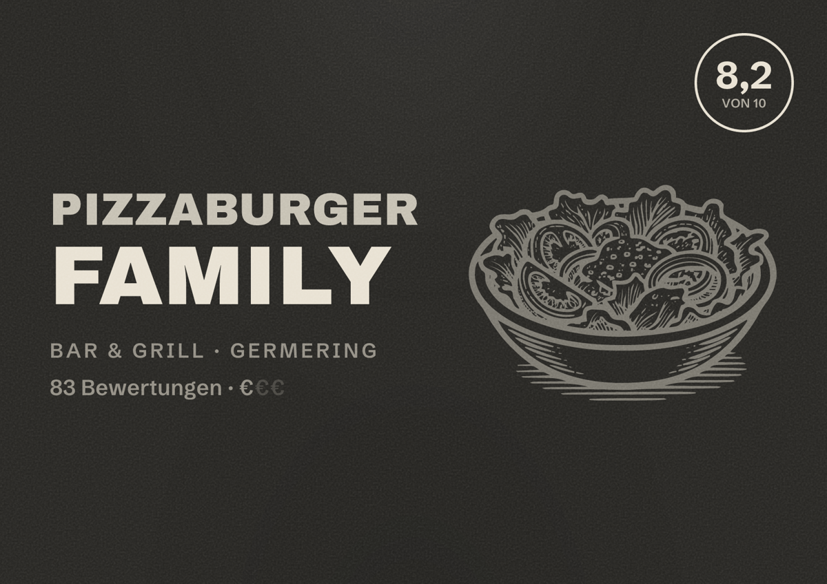 Illustriertes Poster von Pizzaburger Family, Bar & Grill in Germering: Bewertung 8,2 von 10 aus 83 Bewertungen, Preisniveau €
