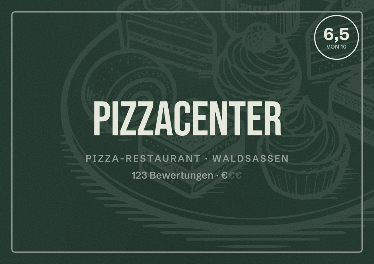 Illustriertes Poster von Pizzacenter, Pizza-Restaurant in Waldsassen: Bewertung 6,5 von 10 aus 123 Bewertungen, Preisniveau €
