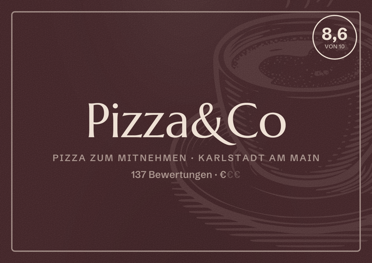 Illustriertes Poster von Pizza&Co, Pizza zum Mitnehmen in Karlstadt am Main: Bewertung 8,6 von 10 aus 137 Bewertungen, Preisniveau €