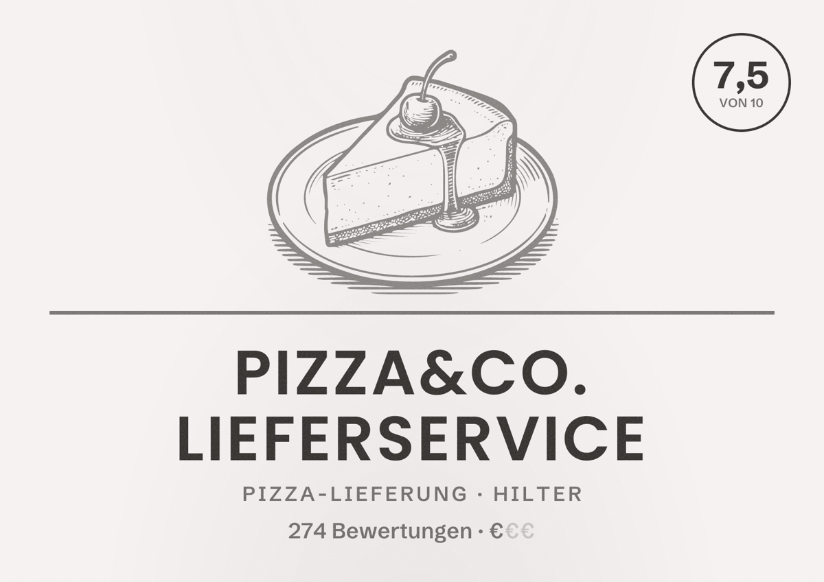 Illustriertes Poster von Pizza&Co. Lieferservice, Pizza-Lieferung in Hilter: Bewertung 7,5 von 10 aus 274 Bewertungen, Preisniveau €