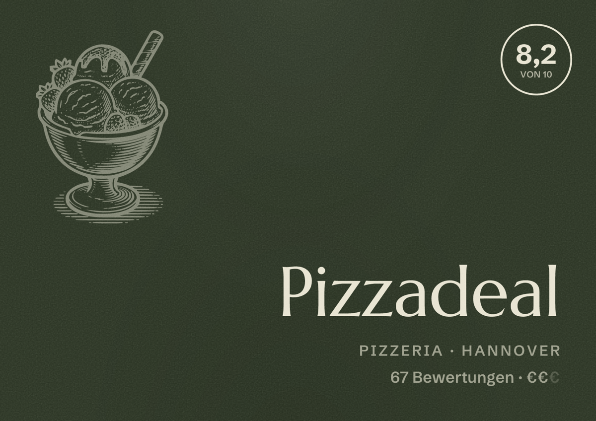 Illustriertes Poster von Pizzadeal, Pizzeria in Hannover: Bewertung 8,2 von 10 aus 67 Bewertungen, Preisniveau €€