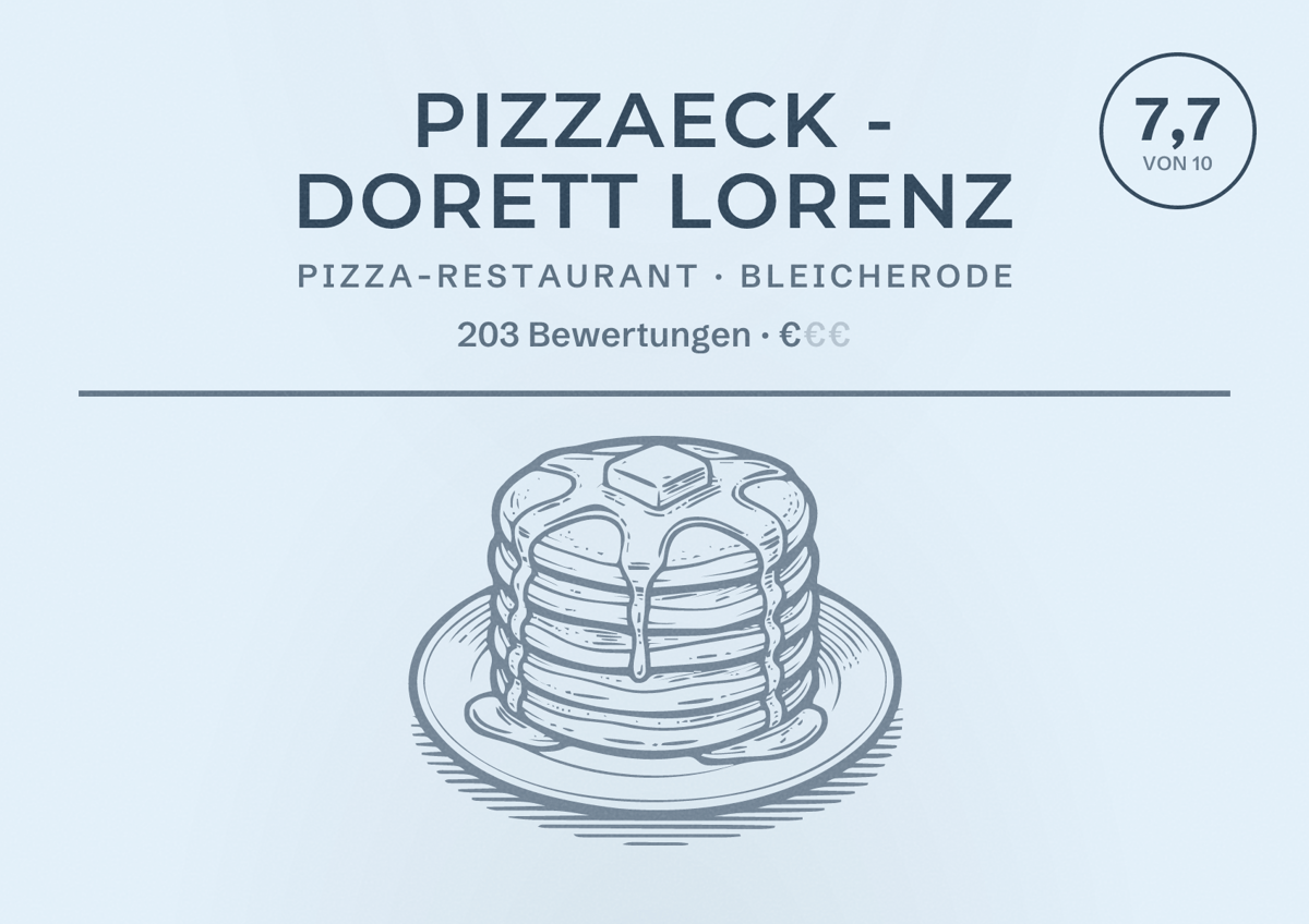 Illustriertes Poster von Pizzaeck - Dorett Lorenz, Pizza-Restaurant in Bleicherode: Bewertung 7,7 von 10 aus 203 Bewertungen, Preisniveau €
