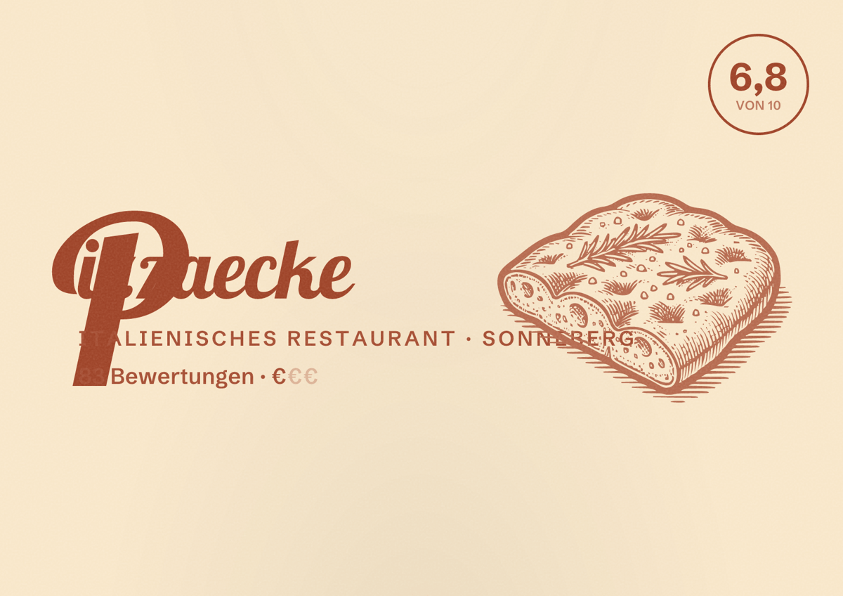 Illustriertes Poster von Pizzaecke, Italienisches Restaurant in Sonneberg: Bewertung 6,8 von 10 aus 83 Bewertungen, Preisniveau €