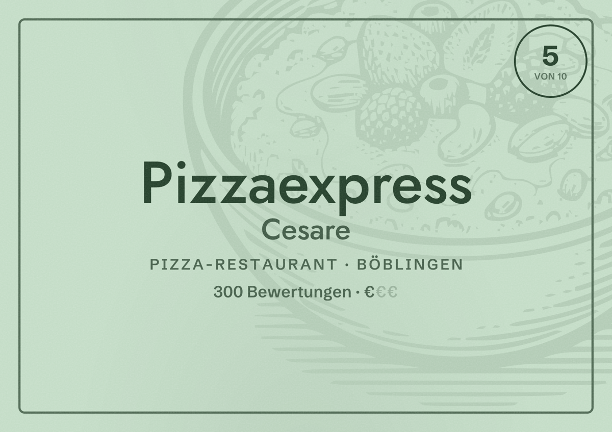 Illustriertes Poster von Pizzaexpress Cesare, Pizza-Restaurant in Böblingen: Bewertung 5 von 10 aus 300 Bewertungen, Preisniveau €