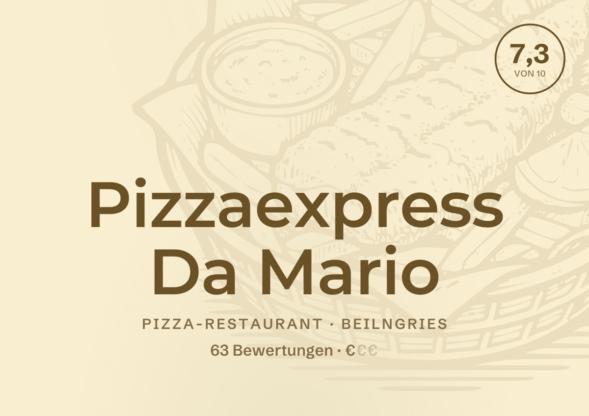 Illustriertes Poster von Pizzaexpress Da Mario, Pizza-Restaurant in Beilngries: Bewertung 7,3 von 10 aus 63 Bewertungen, Preisniveau €