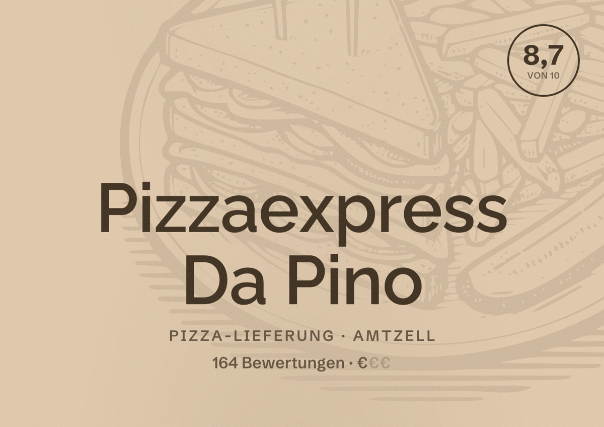Illustriertes Poster von Pizzaexpress Da Pino, Pizza-Lieferung in Amtzell: Bewertung 8,7 von 10 aus 164 Bewertungen, Preisniveau €