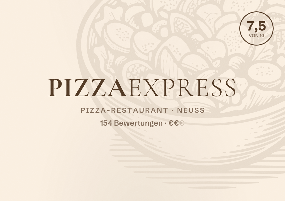 Illustriertes Poster von Pizzaexpress, Pizza-Restaurant in Neuss: Bewertung 7,5 von 10 aus 154 Bewertungen, Preisniveau €€