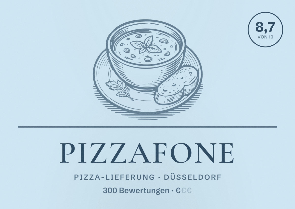 Illustriertes Poster von Pizzafone, Pizza-Lieferung in Düsseldorf: Bewertung 8,7 von 10 aus 300 Bewertungen, Preisniveau €