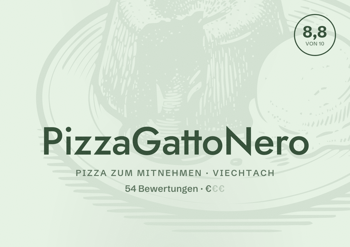 Illustriertes Poster von PizzaGattoNero, Pizza zum Mitnehmen in Viechtach: Bewertung 8,8 von 10 aus 54 Bewertungen, Preisniveau €