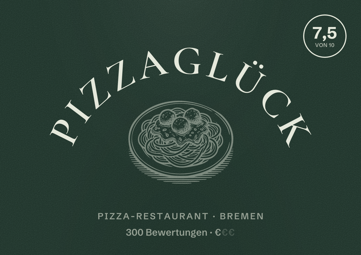 Illustriertes Poster von PIZZAGLÜCK, Pizza-Restaurant in Bremen: Bewertung 7,5 von 10 aus 300 Bewertungen, Preisniveau €