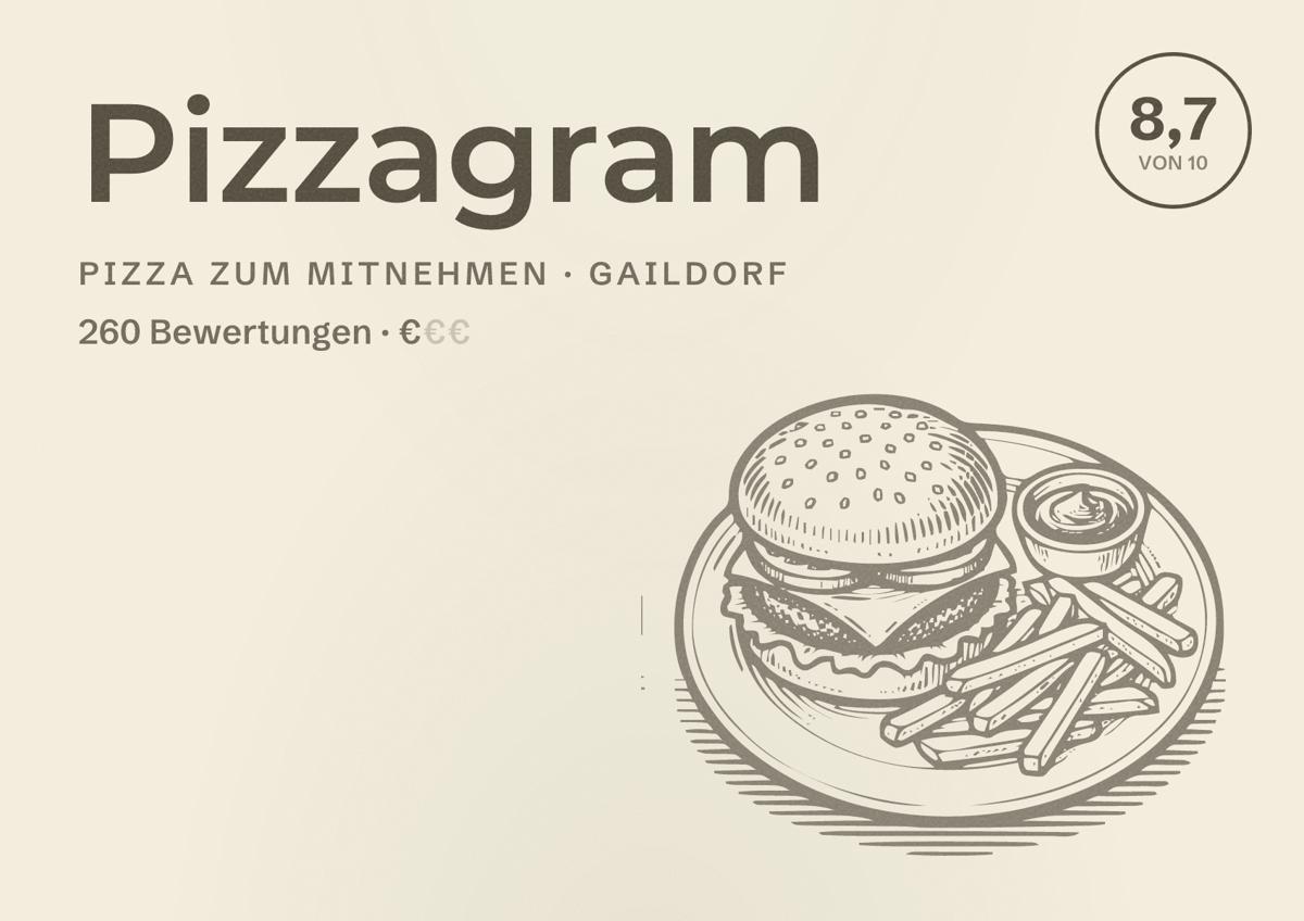Illustriertes Poster von Pizzagram, Pizza zum Mitnehmen in Gaildorf: Bewertung 8,7 von 10 aus 260 Bewertungen, Preisniveau €
