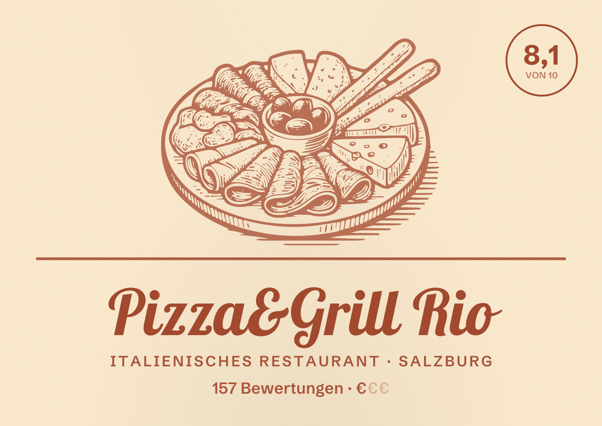 Illustriertes Poster von Pizza&Grill Rio, Italienisches Restaurant in Salzburg: Bewertung 8,1 von 10 aus 157 Bewertungen, Preisniveau €