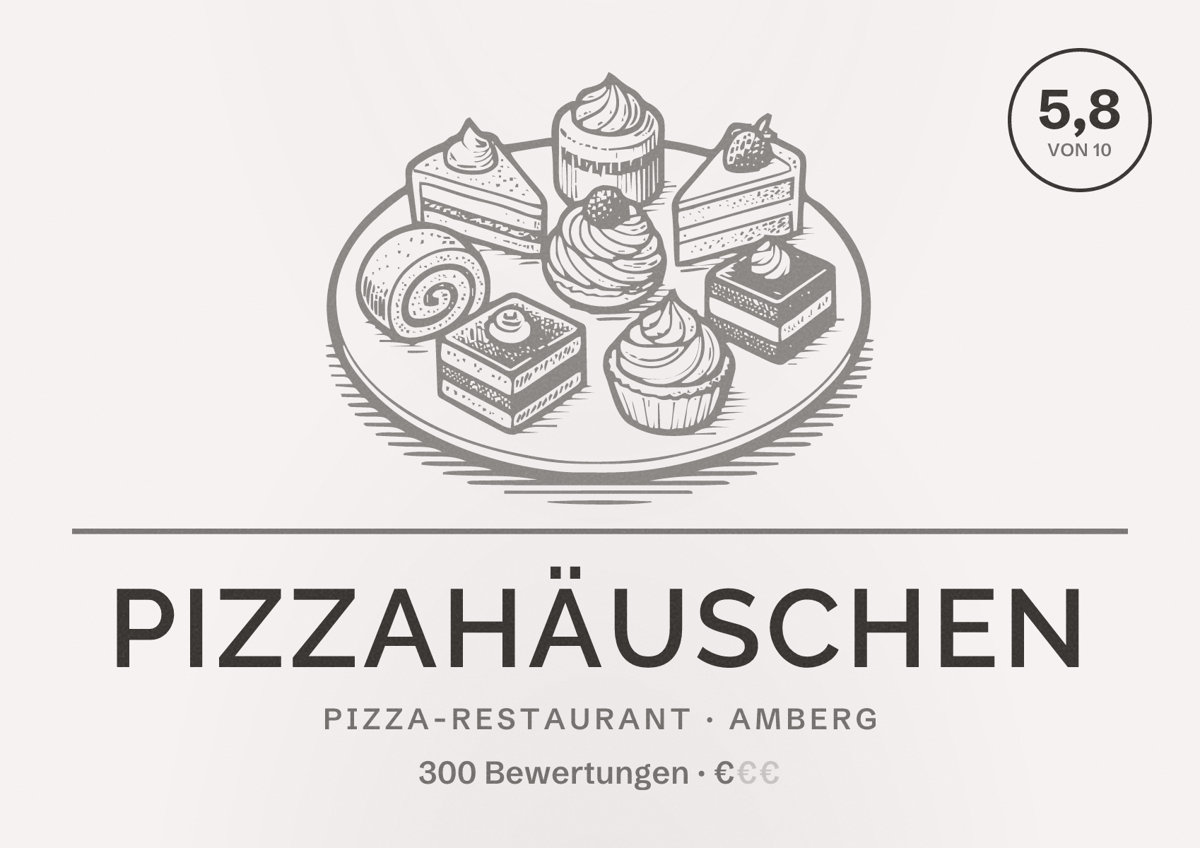 Illustriertes Poster von Pizzahäuschen, Pizza-Restaurant in Amberg: Bewertung 5,8 von 10 aus 300 Bewertungen, Preisniveau €