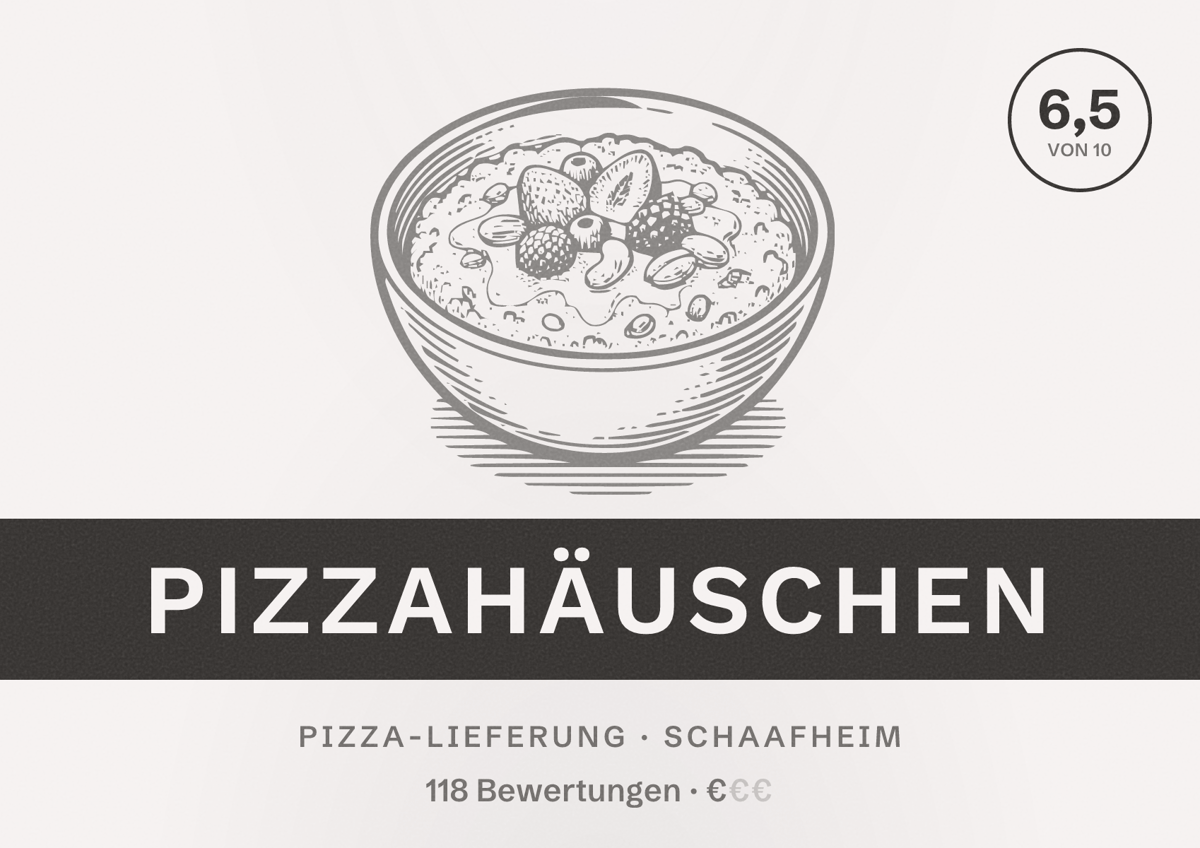 Illustriertes Poster von Pizzahäuschen, Pizza-Lieferung in Schaafheim: Bewertung 6,5 von 10 aus 118 Bewertungen, Preisniveau €