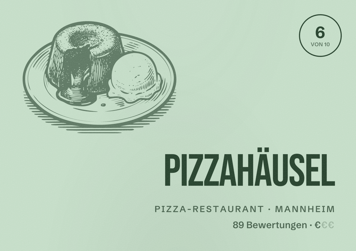 Illustriertes Poster von Pizzahäusel, Pizza-Restaurant in Mannheim: Bewertung 6 von 10 aus 89 Bewertungen, Preisniveau €