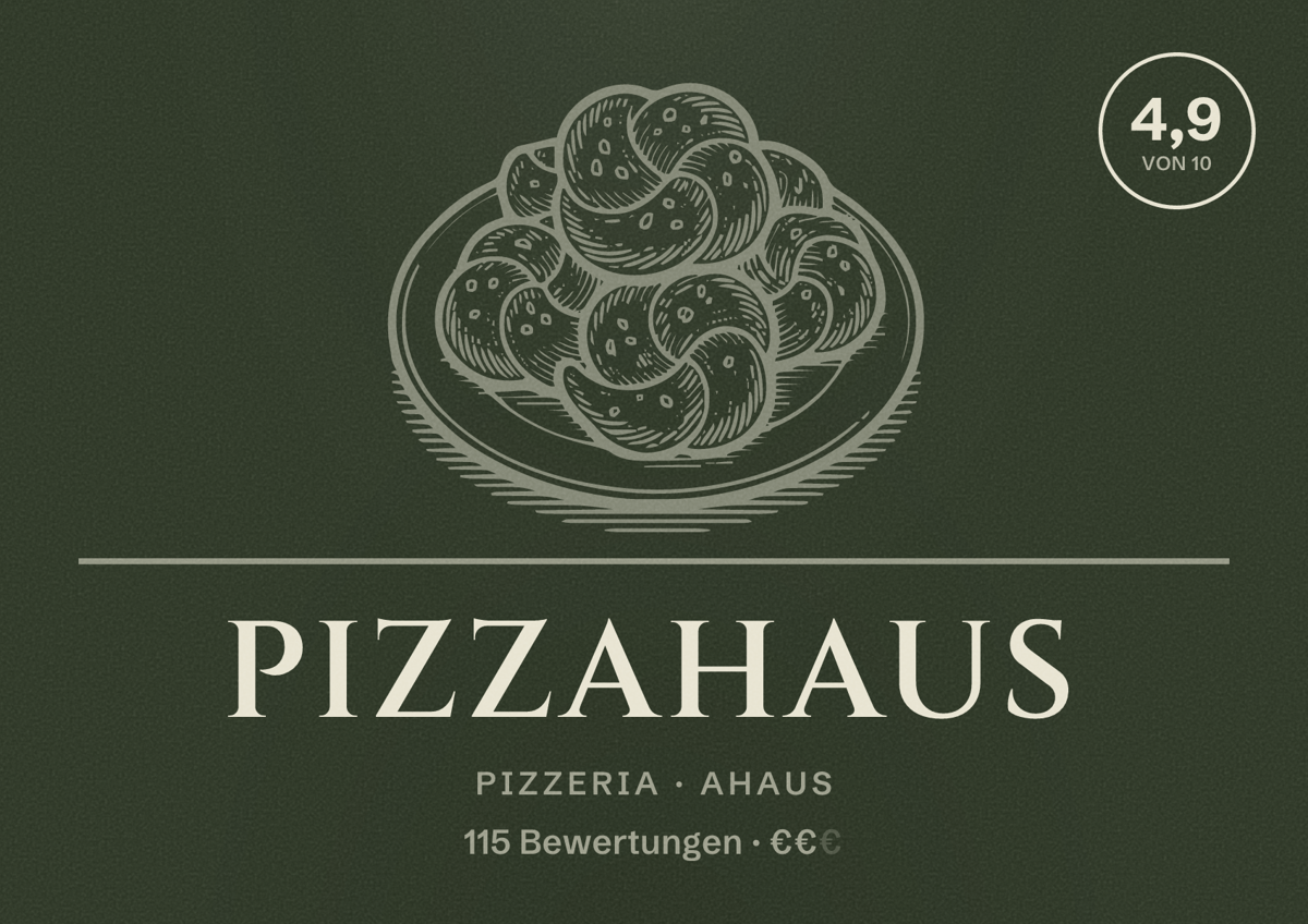 Illustriertes Poster von PizzaHaus, Pizzeria in Ahaus: Bewertung 4,9 von 10 aus 115 Bewertungen, Preisniveau €€