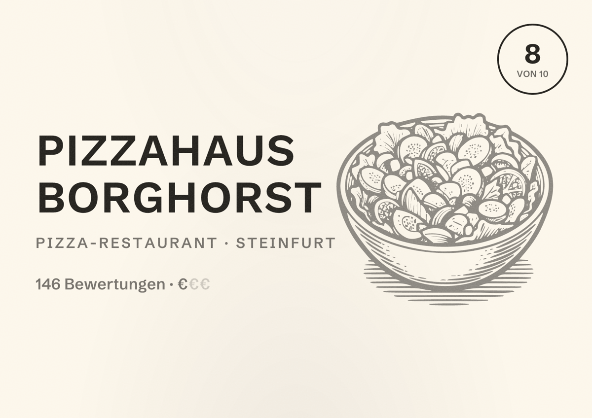 Illustriertes Poster von Pizzahaus Borghorst, Pizza-Restaurant in Steinfurt: Bewertung 8 von 10 aus 146 Bewertungen, Preisniveau €