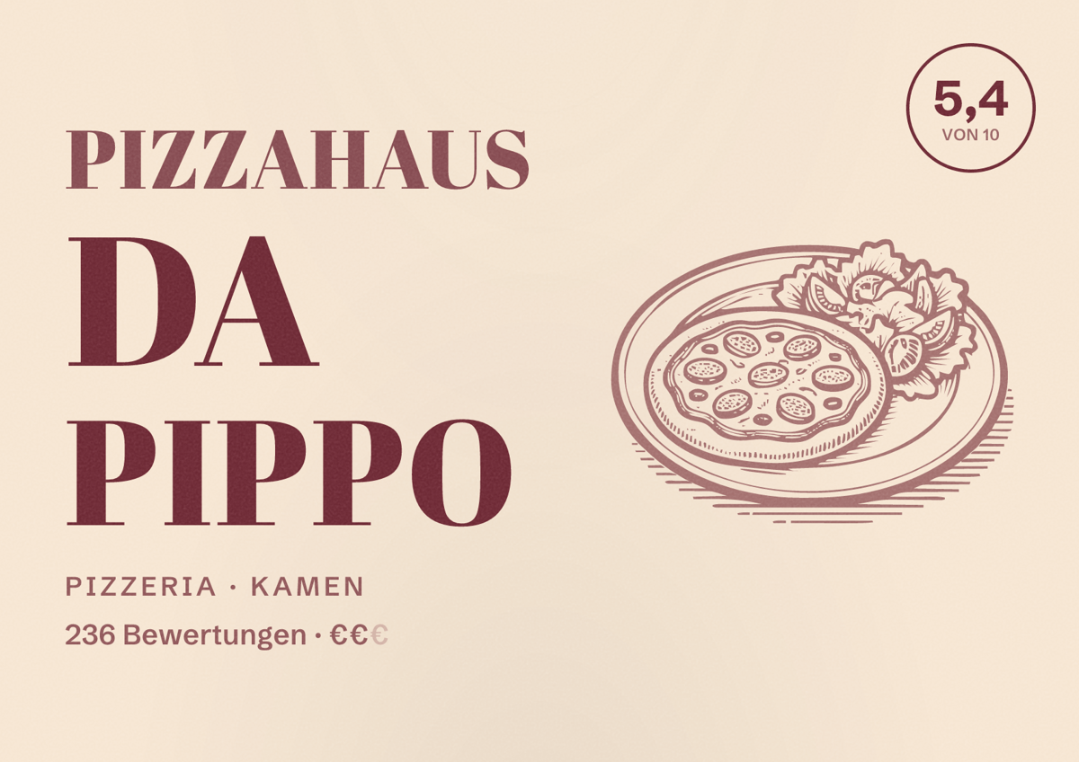 Illustriertes Poster von Pizzahaus Da Pippo, Pizzeria in Kamen: Bewertung 5,4 von 10 aus 236 Bewertungen, Preisniveau €€