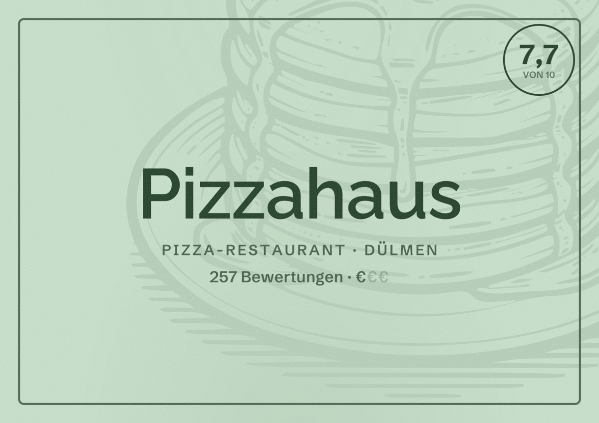 Illustriertes Poster von Pizzahaus, Pizza-Restaurant in Dülmen: Bewertung 7,7 von 10 aus 257 Bewertungen, Preisniveau €