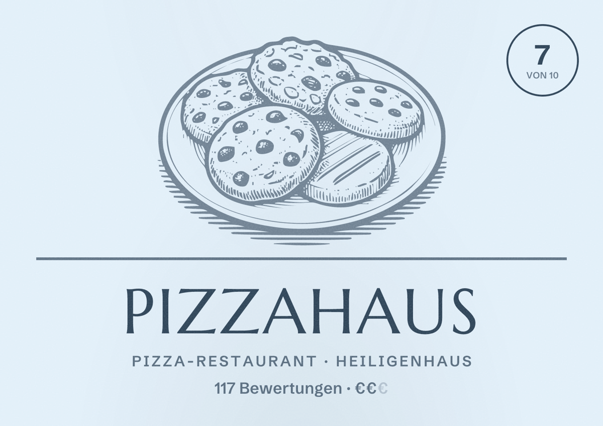 Illustriertes Poster von Pizzahaus, Pizza-Restaurant in Heiligenhaus: Bewertung 7 von 10 aus 117 Bewertungen, Preisniveau €€