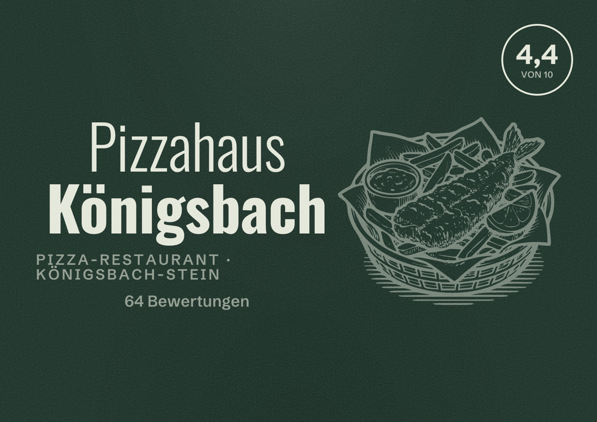 Illustriertes Poster von Pizzahaus Königsbach, Pizza-Restaurant in Königsbach-Stein: Bewertung 4,4 von 10 aus 64 Bewertungen