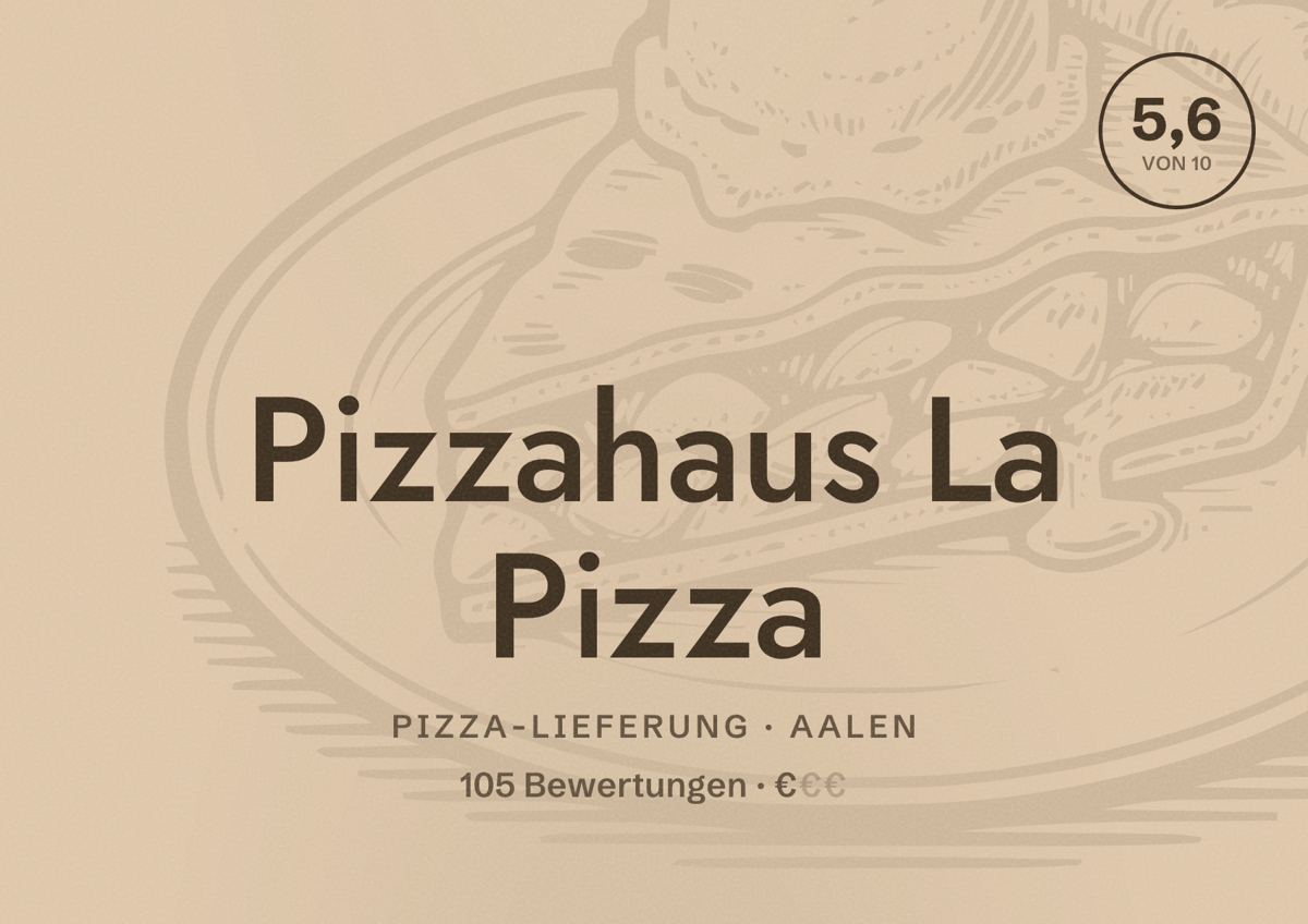 Illustriertes Poster von Pizzahaus La Pizza, Pizza-Lieferung in Aalen: Bewertung 5,6 von 10 aus 105 Bewertungen, Preisniveau €