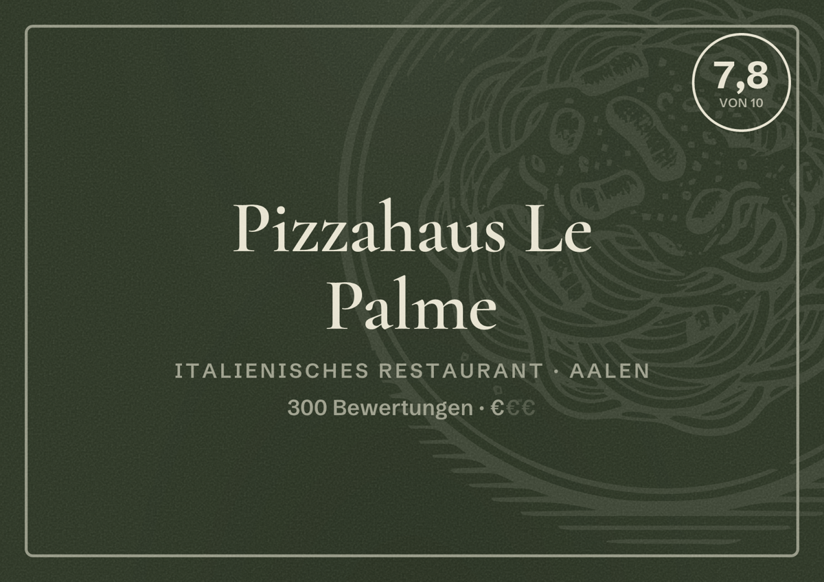Illustriertes Poster von Pizzahaus Le Palme, Italienisches Restaurant in Aalen: Bewertung 7,8 von 10 aus 300 Bewertungen, Preisniveau €