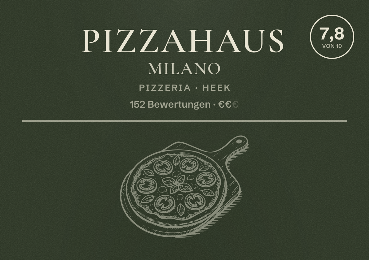 Illustriertes Poster von Pizzahaus Milano, Pizzeria in Heek: Bewertung 7,8 von 10 aus 152 Bewertungen, Preisniveau €€
