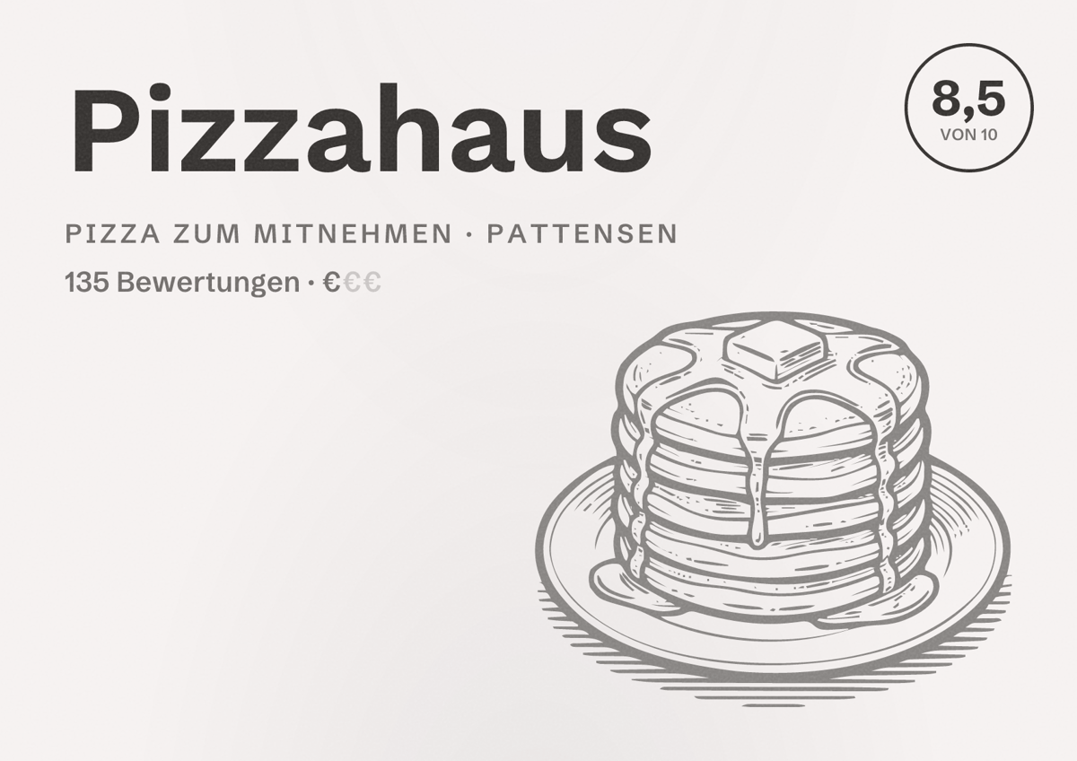 Illustriertes Poster von Pizzahaus, Pizza zum Mitnehmen in Pattensen: Bewertung 8,5 von 10 aus 135 Bewertungen, Preisniveau €