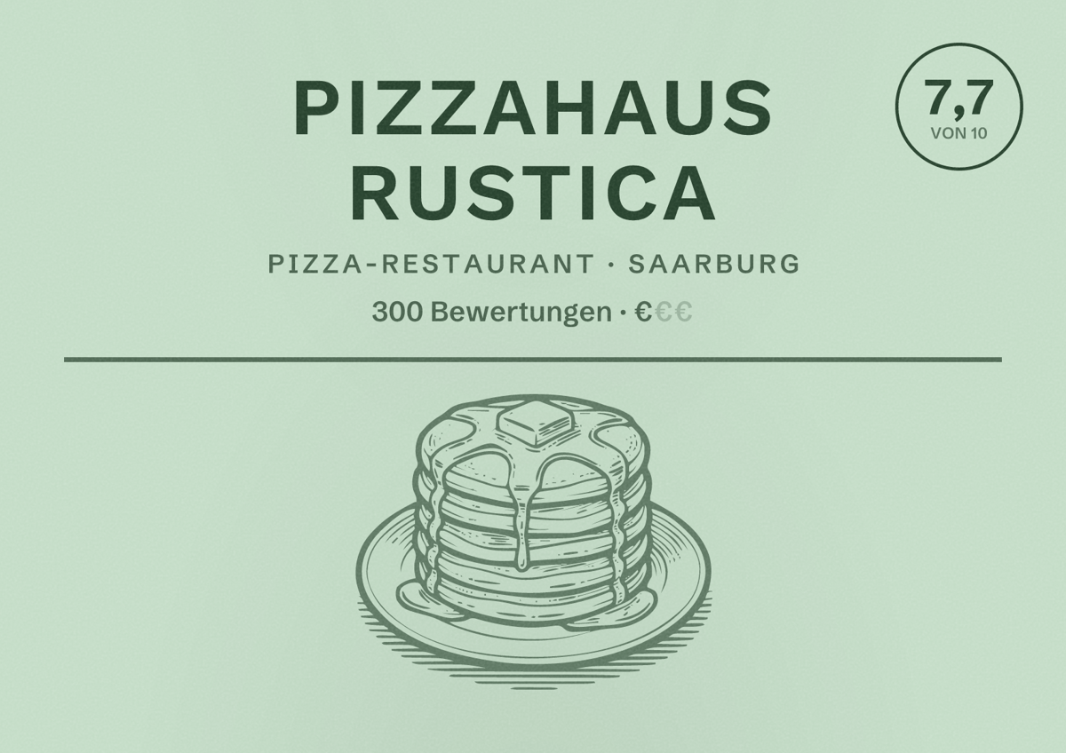 Illustriertes Poster von Pizzahaus Rustica, Pizza-Restaurant in Saarburg: Bewertung 7,7 von 10 aus 300 Bewertungen, Preisniveau €