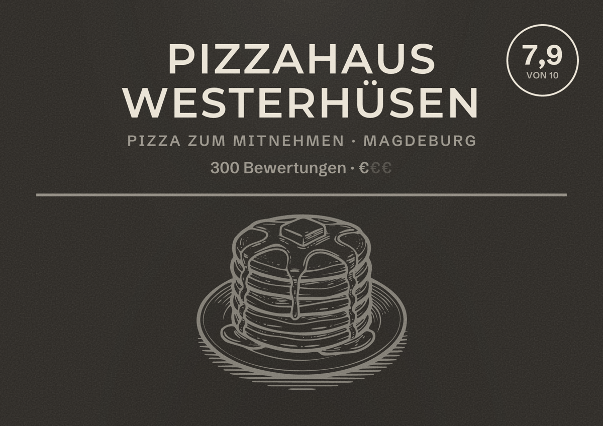 Illustriertes Poster von Pizzahaus Westerhüsen, Pizza zum Mitnehmen in Magdeburg: Bewertung 7,9 von 10 aus 300 Bewertungen, Preisniveau €