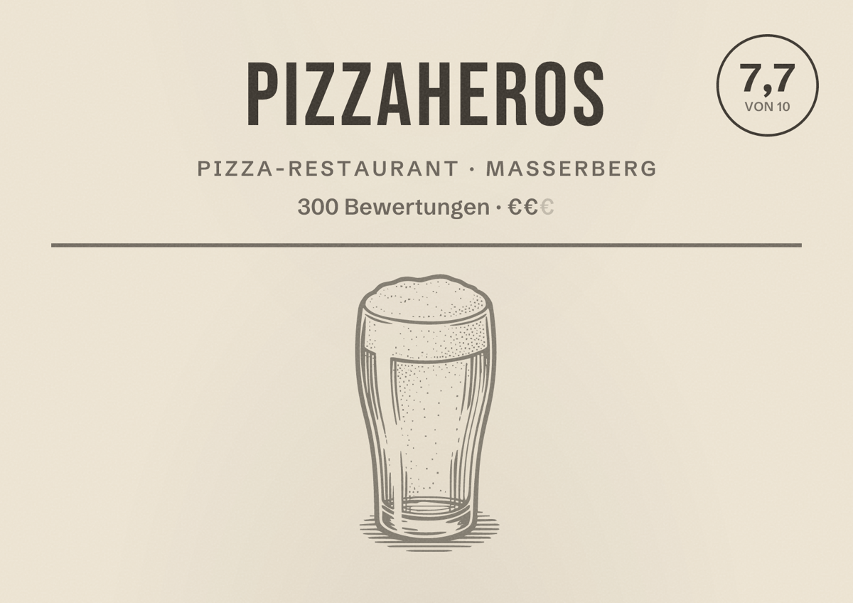Illustriertes Poster von Pizzaheros, Pizza-Restaurant in Masserberg: Bewertung 7,7 von 10 aus 300 Bewertungen, Preisniveau €€