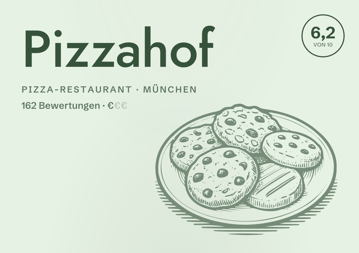 Illustriertes Poster von Pizzahof, Pizza-Restaurant in München: Bewertung 6,2 von 10 aus 162 Bewertungen, Preisniveau €