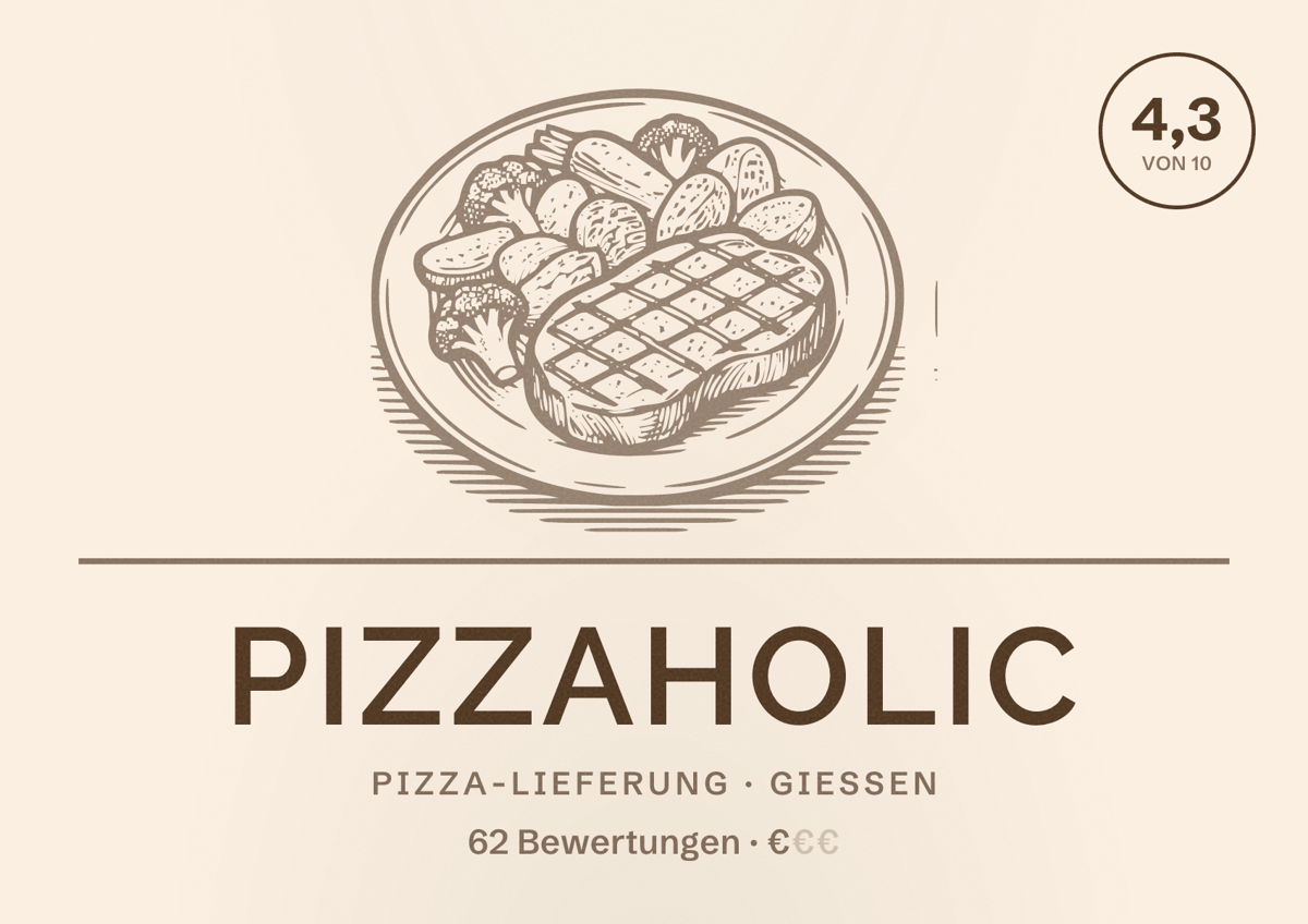 Illustriertes Poster von Pizzaholic, Pizza-Lieferung in Gießen: Bewertung 4,3 von 10 aus 62 Bewertungen, Preisniveau €